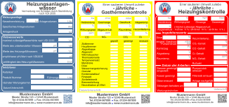 Muster Straße 123    12345 Musterstadt  Tel.:01234-567899    Fax.:01234-567899 info@mustermann.de    www.mustermann.de  Mustermann GmbH Einer sauberen Umwelt zuliebe  Heizungskontrolle - jährliche - Heizleistung  kw   Wirkungsgrad %  Ölmenge  kg/h  Gasmenge  l/min  Heizmitteltemp.                  CO2 -Gehalt                        CO -Gehalt                        O2 -Gehalt                          NOx -Gehalt                        Rußzahl C % ppm % ppm Kaminzug                           Abgastemp. Raumtemp. ° ° C C Düse    eingest. Gasdruck  mbar Pumpendruck bar Pa ° Brenner gereinigt/ eingestellt   Düse erneuert Kessel gereinigt Störungen behoben am      Abgasverlust %    ( höchst zulässiger Abgasverlust:    4-25 kw  11 % / 24-50 kw  10 % /  ab 50 kw   9 % ) Pumpensieb erneuert   Anlage nachgefüllt Filtersieb erneuert Wartungstechniker: Inspektionswerte Datum der Arbeiten Unterschrift  1 2 3 4 5 6 7 8 9 10 11 12     www.wartungs-aufkleber.de W A  Muster Straße 123    12345 Musterstadt  Tel.:01234-567899     Fax.:01234-567899 info@mustermann.de    www.mustermann.de  Mustermann GmbH Einer sauberen Umwelt zuliebe  Gasthermenkontrolle - jährliche - Heizleistung  kw   Wirkungsgrad l/min  CO2  CO  O2  NOx   Abgasverlust  Heizmitteltemp.  Raumtemp.  Gasdruck mbar ° C ° C %  Gasmenge Abgastemp. ppm  %  %  ppm  %  ° C Datum/Unterschrift Züdbrenner                                                                        Hauptbrenner                                                            Abgasklappe                   Abgasrohr                         Wärmetauscher                Thermoelemente               Temperiereinsatz               Membrane                         Düse                                 Wassermangelsicherung    Granulat                           Kondensatablauf              Ringspalt                           Zündelektronik                  Brennerdichtung                Neutralisation ph-Wert                                geprüft         gereinigt          erneuert  I  1 2 3 4 5 6 7 8 9 10 11 12     www.wartungs-aufkleber.de W A Kesselnennleistung                      Anlagevolumen Spezifisches Anlagevolumen Anlagendruck maximal zulässigeWasserhärte nach VDI 2035 l/kw  kw bar Werte des unbehandelten Wassers Werte des Heizungsfüllwassers empfohlener pH-Wert nach VDI2035 Leitfähigkeit des Heizungsfüllwassers Farbrikat Produkt Nummer nächster Wartungstermin °dH °dH °dH pH S/cm pH pH Datum/Unterschrift: Liter  Muster Straße 123    12345 Musterstadt  Tel.:01234-567899     Fax.:01234-567899 info@mustermann.de    www.mustermann.de  Mustermann GmbH Inhibitoren Heizwasserwerte Heizungsanlage Heizungsanlagen-          wasser  1 2 3 4 5 6 7 8 9 10 11 12     www.wartungs-aufkleber.de W A Vermeidung von Schäden durch Steinbildung  nach VDI 2035 Füllmenge Liter