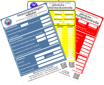 Muster Straße 123    12345 Musterstadt  Tel.:04522-767676     Fax.:01234-567899 info@mustermann.de    www.mustermann.de  Mustermann GmbH Einer sauberen Umwelt zuliebe  Heizungskontrolle  1 2 3 4 5 6 7 8 9 10 11 12     www.wartungs-aufkleber.de W A - jährliche - Heizleistung  kw   Wirkungsgrad %  Ölmenge  kg/h  Gasmenge  l/min  Heizmitteltemp.                  CO2 -Gehalt                        CO -Gehalt                        O2 -Gehalt                          NOx -Gehalt                        Rußzahl C % ppm % ppm Kaminzug                           Abgastemp. Raumtemp. ° ° C C Düse    eingest. Gasdruck  mbar Pumpendruck bar Pa ° Brenner gereinigt/ eingestellt   Düse erneuert Kessel gereinigt Störungen behoben am      Abgasverlust %    ( höchst zulässiger Abgasverlust:    4-25 kw  11 % / 24-50 kw  10 % /  ab 50 kw   9 % ) Pumpensieb erneuert   Anlage nachgefüllt Filtersieb erneuert Wartungstechniker: Inspektionswerte Datum der Arbeiten Unterschrift  Muster Straße 123    12345 Musterstadt  Tel.:04522-767676     Fax.:01234-567899 info@mustermann.de    www.mustermann.de  Mustermann GmbH  1 2 3 4 5 6 7 8 9 10 11 12     www.wartungs-aufkleber.de W A Einer sauberen Umwelt zuliebe  Gasthermenkontrolle - jährliche - Heizleistung  kw   Wirkungsgrad l/min  CO2  CO  O2  NOx   Abgasverlust  Heizmitteltemp.  Raumtemp.  Gasdruck mbar ° C ° C %  Gasmenge Abgastemp. ppm  %  %  ppm  %  ° C Datum/Unterschrift geprüft         gereinigt          erneuert  I Züdbrenner                                                                   Hauptbrenner                                                           Abgasklappe                           Abgasrohr                           Wärmetauscher                   Thermoelemente                 Temperiereinsatz               Membrane                          Düse                                     Wassermangelsicherung      Granulat                                Kondensatablauf                   Ringspalt                              Zündelektronik                     Brennerdichtung                  Neutralisation ph-Wert                                    Kesselnennleistung                      Anlagevolumen Spezifisches Anlagevolumen Anlagendruck maximal zulässigeWasserhärte nach VDI 2035 l/kw  kw bar Werte des unbehandelten Wassers Werte des Heizungsfüllwassers empfohlener pH-Wert nach VDI2035 Leitfähigkeit des Heizungsfüllwassers Farbrikat Produkt Nummer nächster Wartungstermin °dH °dH °dH pH S/cm pH pH Datum/Unterschrift: Liter  Muster Straße 123    12345 Musterstadt  Tel.:04522-767676     Fax.:01234-567899 info@mustermann.de    www.mustermann.de  Mustermann GmbH Inhibitoren Heizwasserwerte Heizungsanlage Heizungsanlagen-          wasser  1 2 3 4 5 6 7 8 9 10 11 12     www.wartungs-aufkleber.de W A Vermeidung von Schäden durch Steinbildung  nach VDI 2035 Füllmenge Liter
